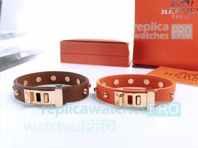 Copy Hermes Ladies Leather Bracelet With Rose Gold Buckle